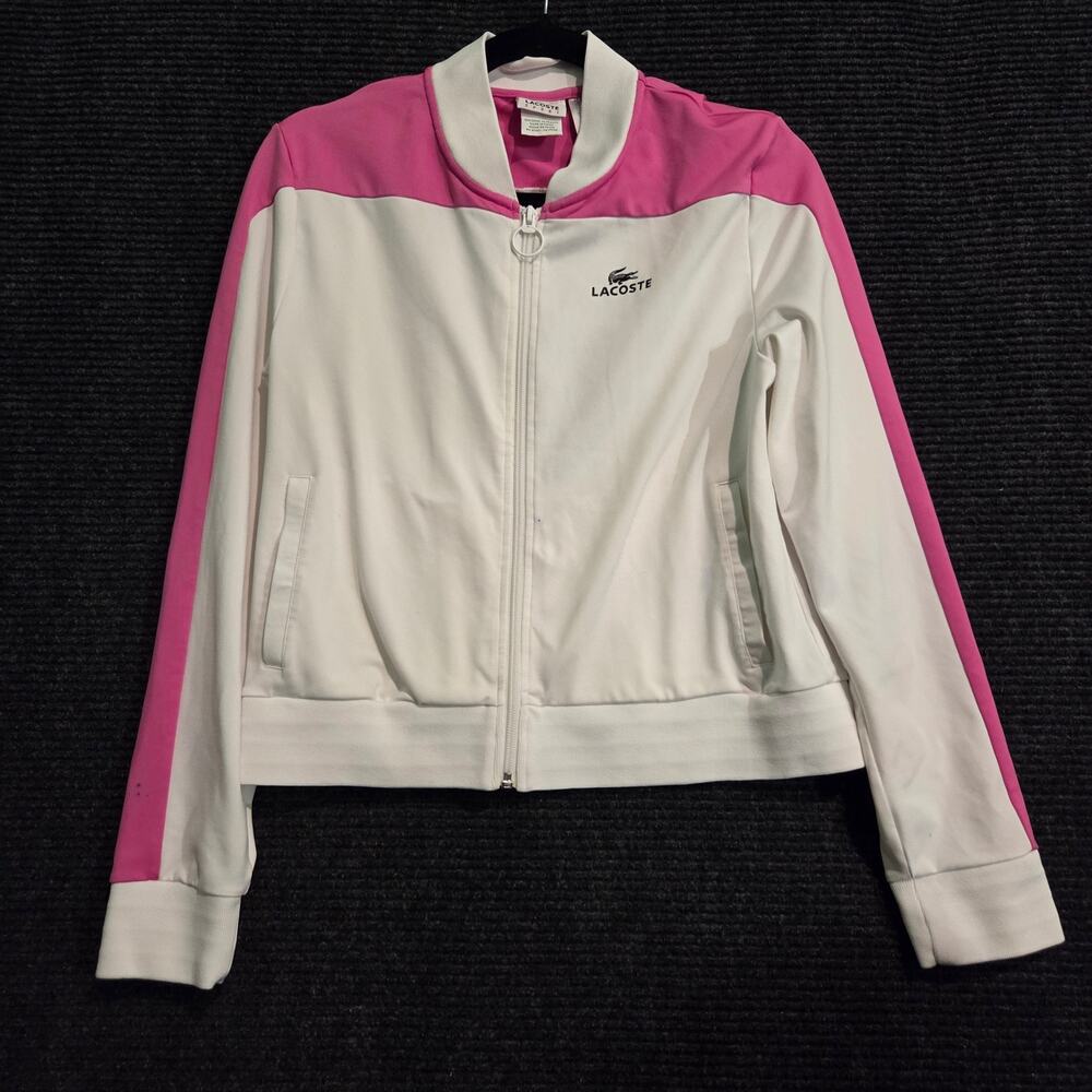 Lacoste Sport White Pink Full Zip Track Jacket Womens Size 40 Back Logo